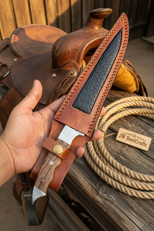 Handmade 13 Inch Overall Damascus Steel Fillet Knife – Full Tang Fishing Knife with Hardwood Handle and Leather Sheath.