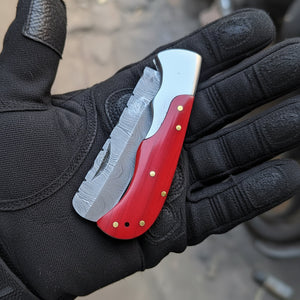 Crimson Ridge Folding Bull Cutter 8" Handmade Damascus Wood Handle