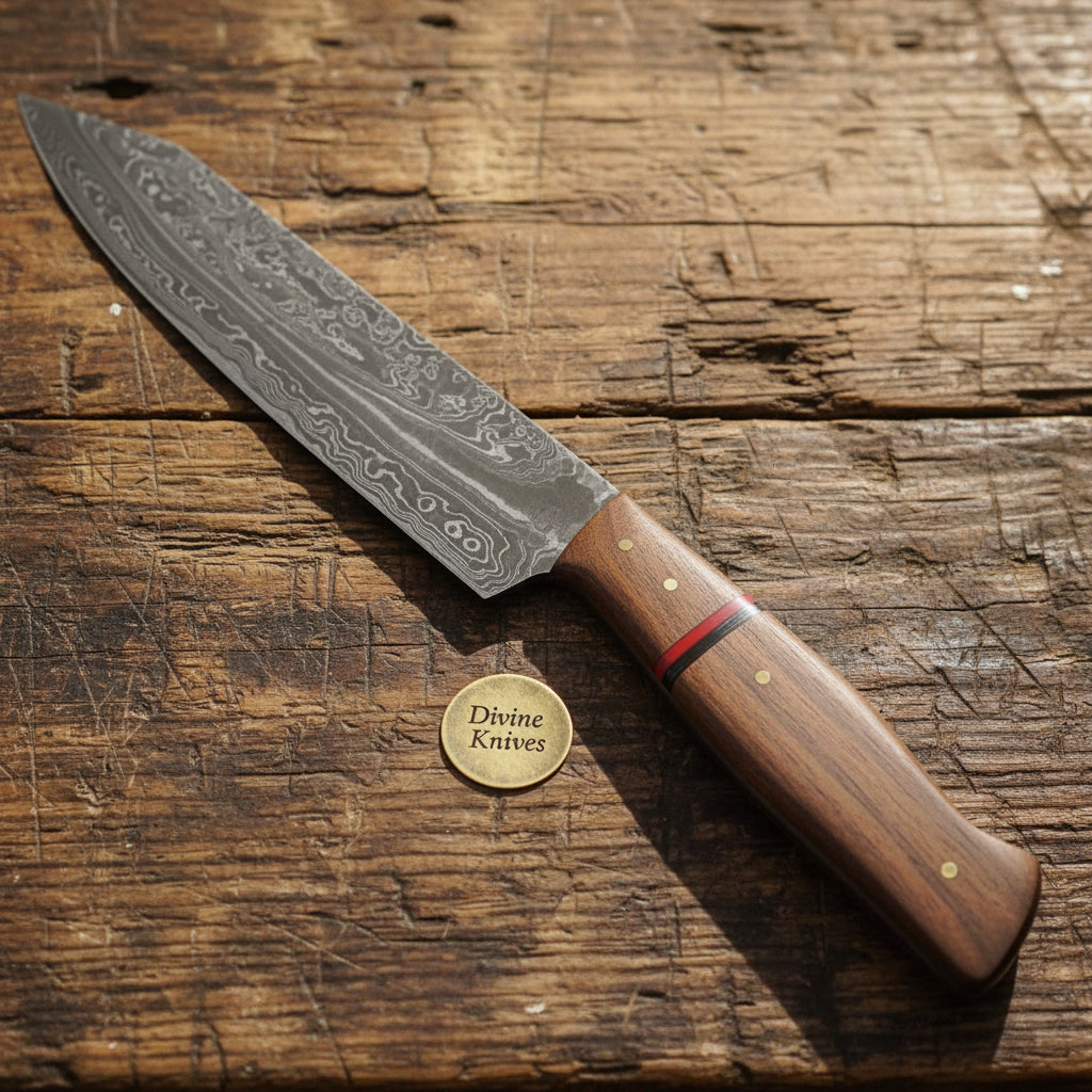 Redline Damascus Gyuto Knife with Wood Grain Blade and Red Accent Handle by Divine Knives
