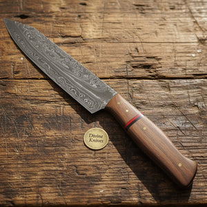 Redline Damascus Gyuto Knife with Wood Grain Blade and Red Accent Handle by Divine Knives