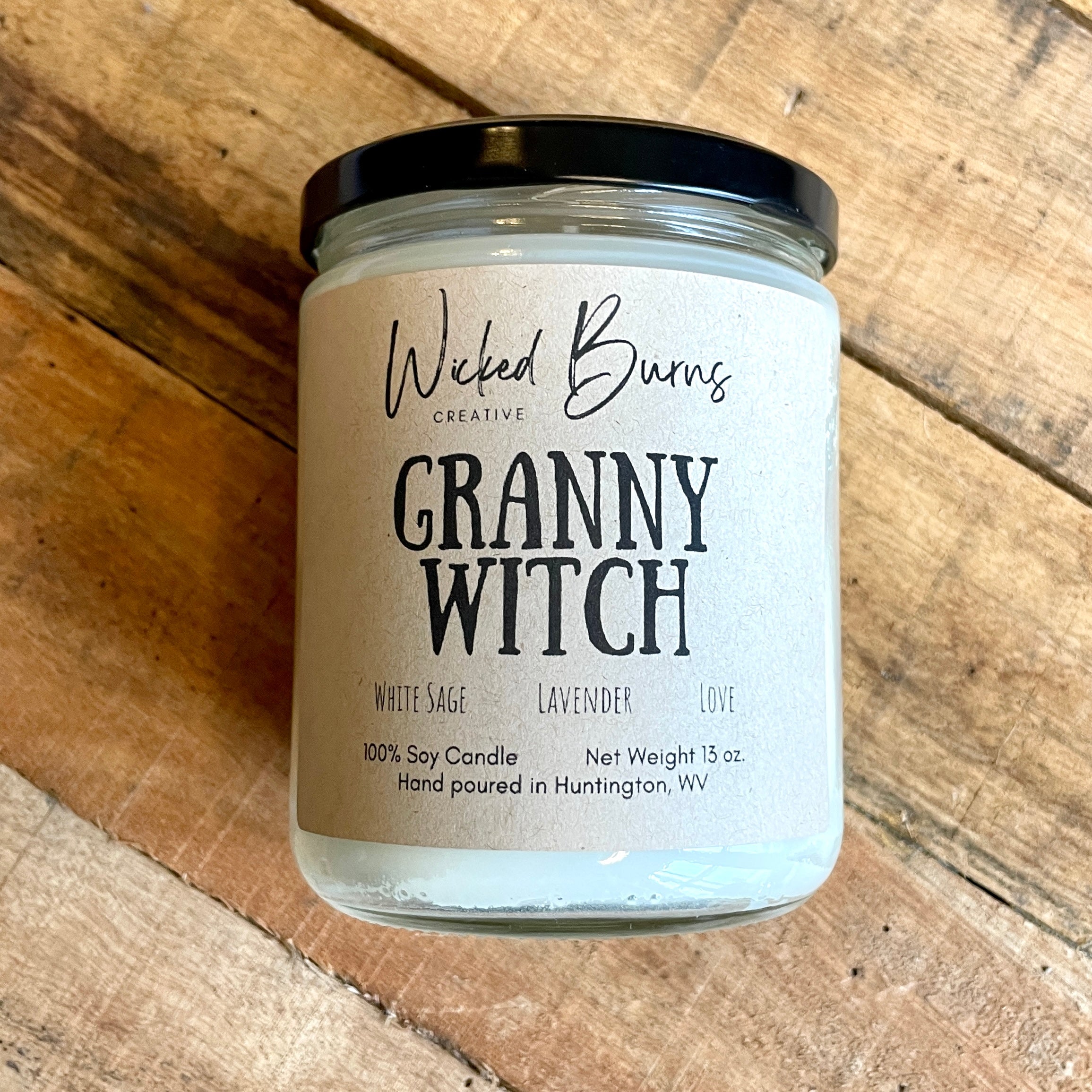 Granny Witch lavender and herbal woods soy candle