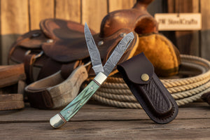 Damascus Trapper Pocket Knife – Two Blade Folding Knife with Green Bone Handle detail view by JW SteelCrafts