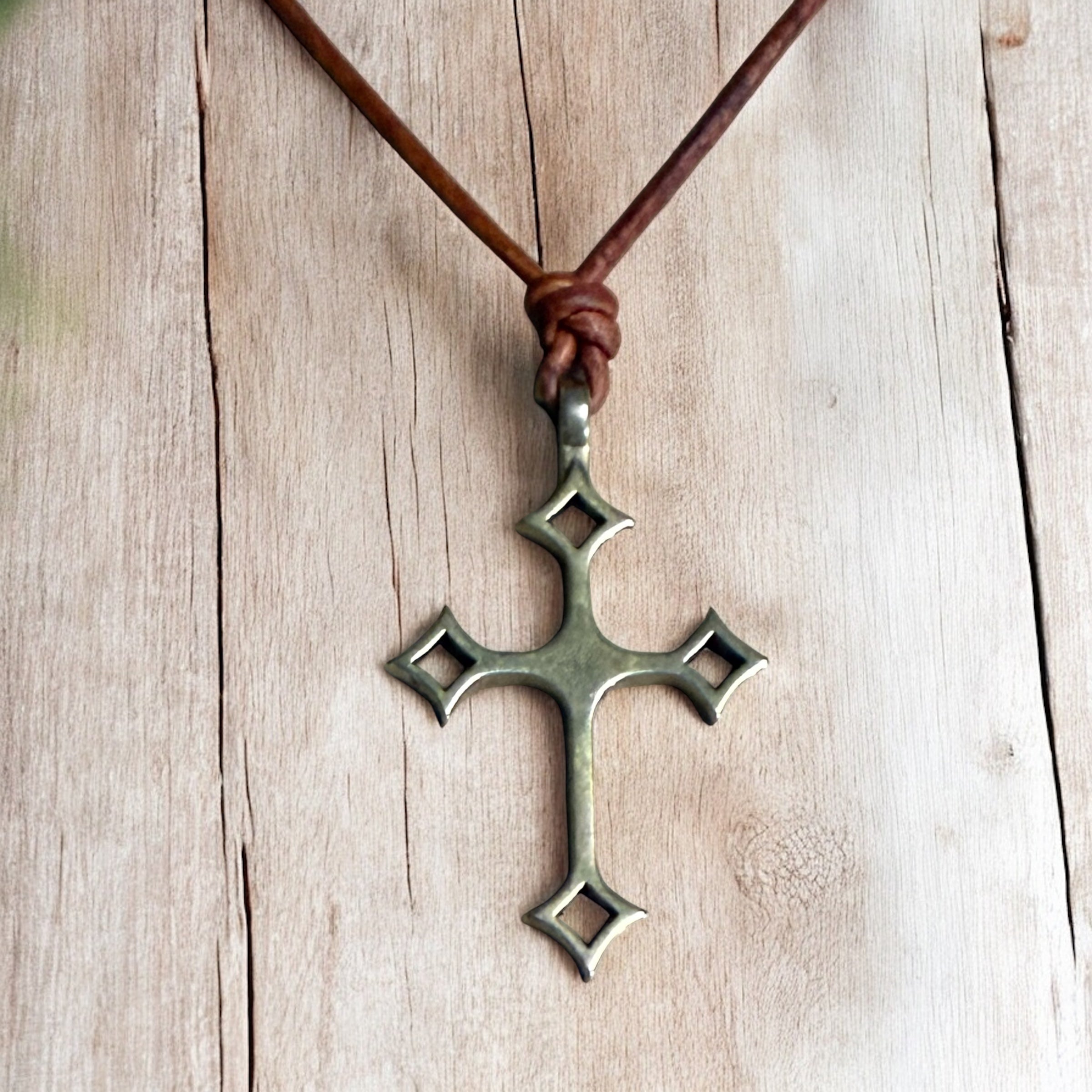 Gothic Medieval Cross Necklace - Bronze on Leather Cord by Forged By Fire — view 1 of 3