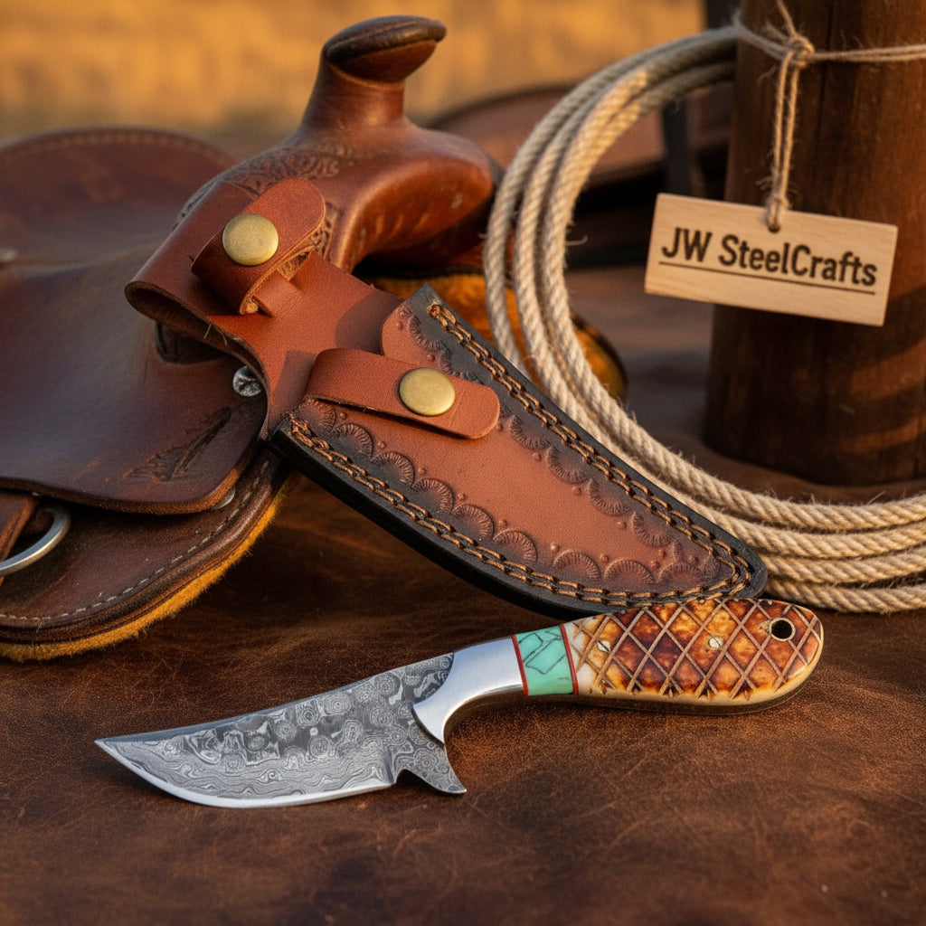 Turquoise Inlay Skinner Knife 9" Handmade Damascus with Turquoise Inlay