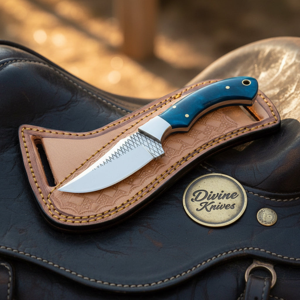 Blue Farrier Rasp Cowboy Belt Knife with product detail, view 2