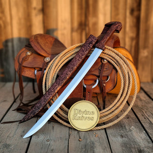 Bone Handle Damascus Knife with Handcrafted Tooled Sheath detail view by Divine Knives