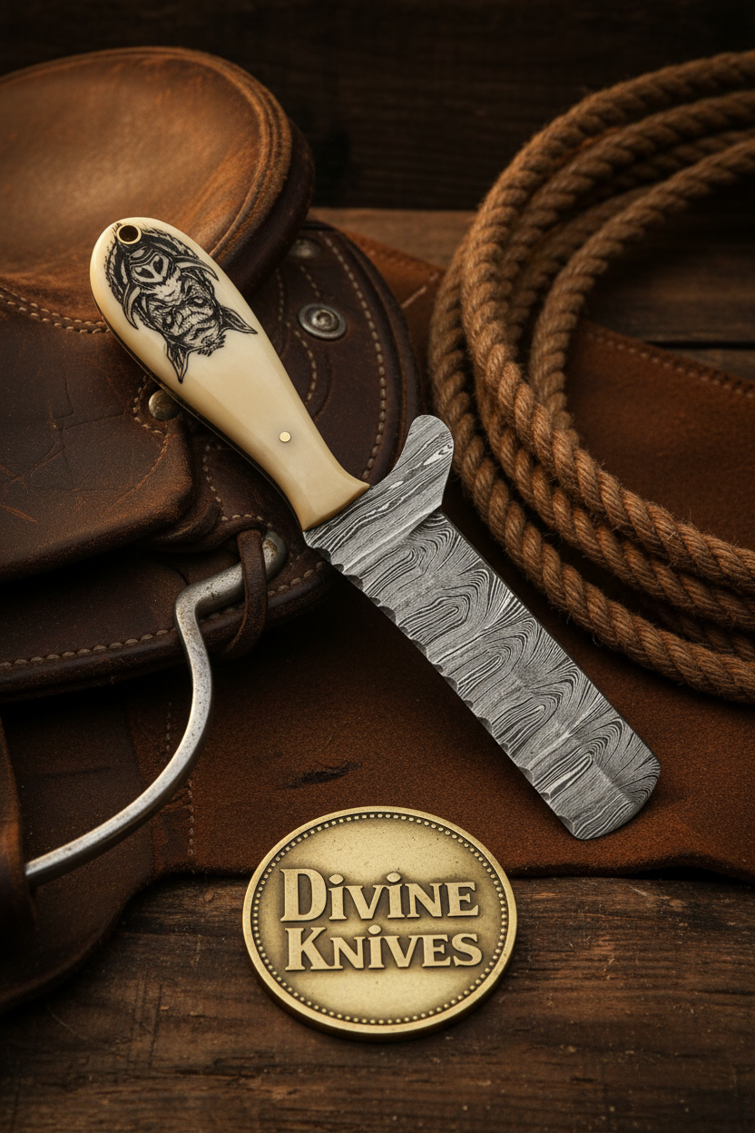 Scrimshaw Camel Bone Bull Cutter with Hand Engraved Bone Handle detail view by Divine Knives