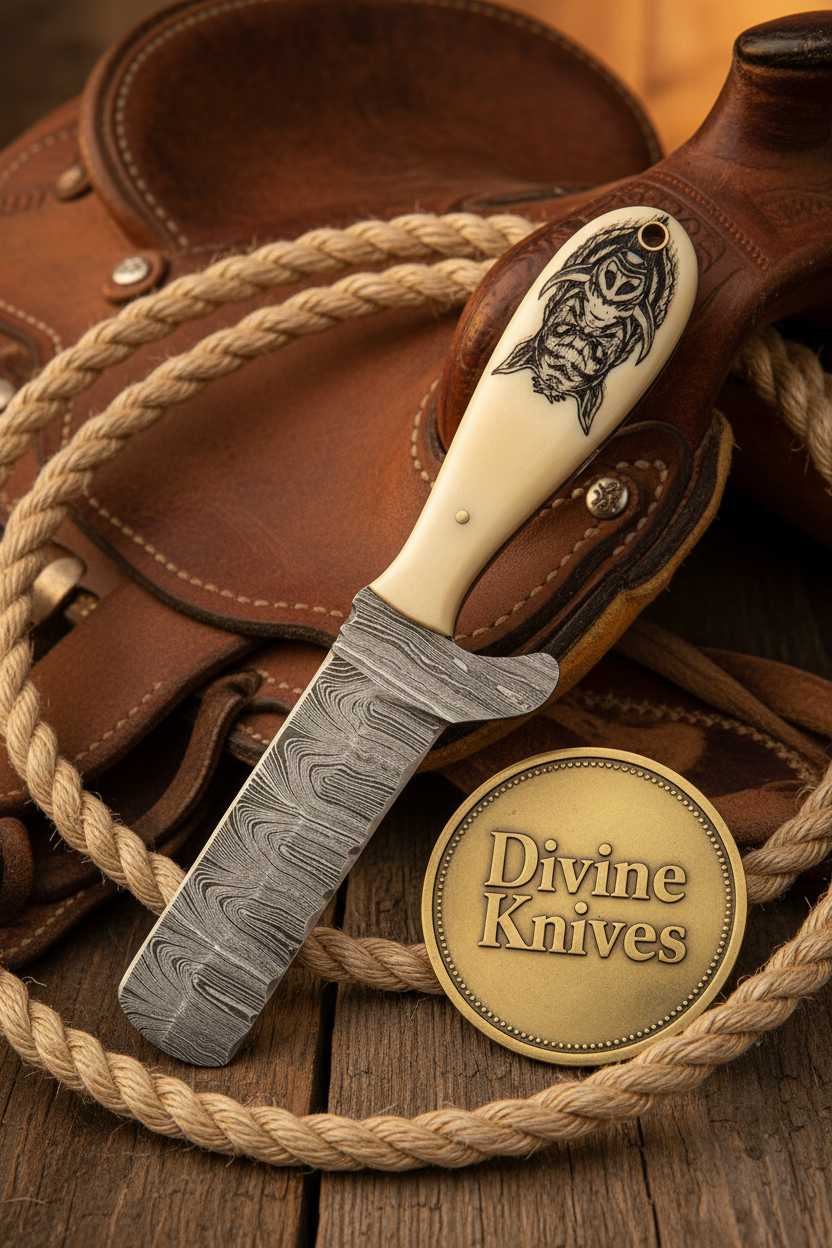 Scrimshaw Camel Bone Bull Cutter with Hand Engraved Bone Handle detail view by Divine Knives