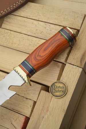 Colorful Spacer Ring Damascus Knife with Natural Tan Wood Handle detail view by Divine Knives