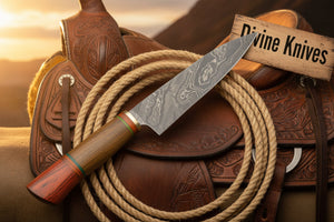 Red and Green Ring Accented Damascus Knife with Wood Tag by Divine Knives