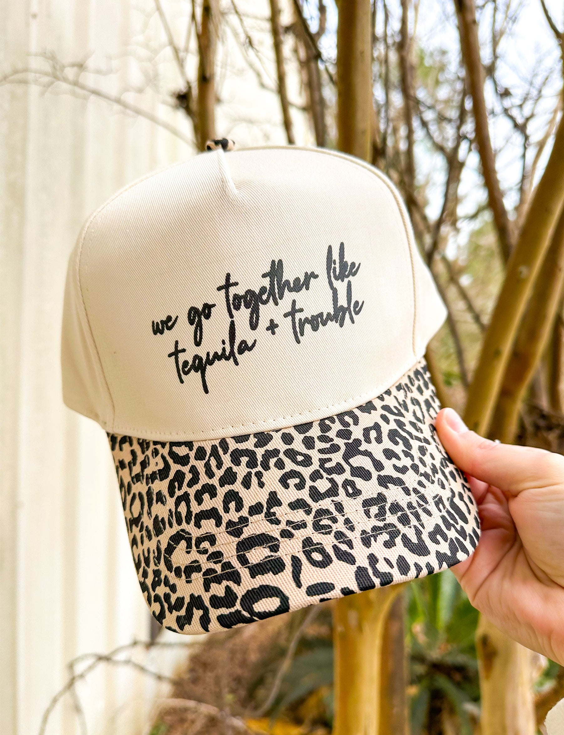 Tequila & Trouble Leopard Canvas Trucker Hat by Southern Bliss Company, Southern lifestyle apparel detail photo 2
