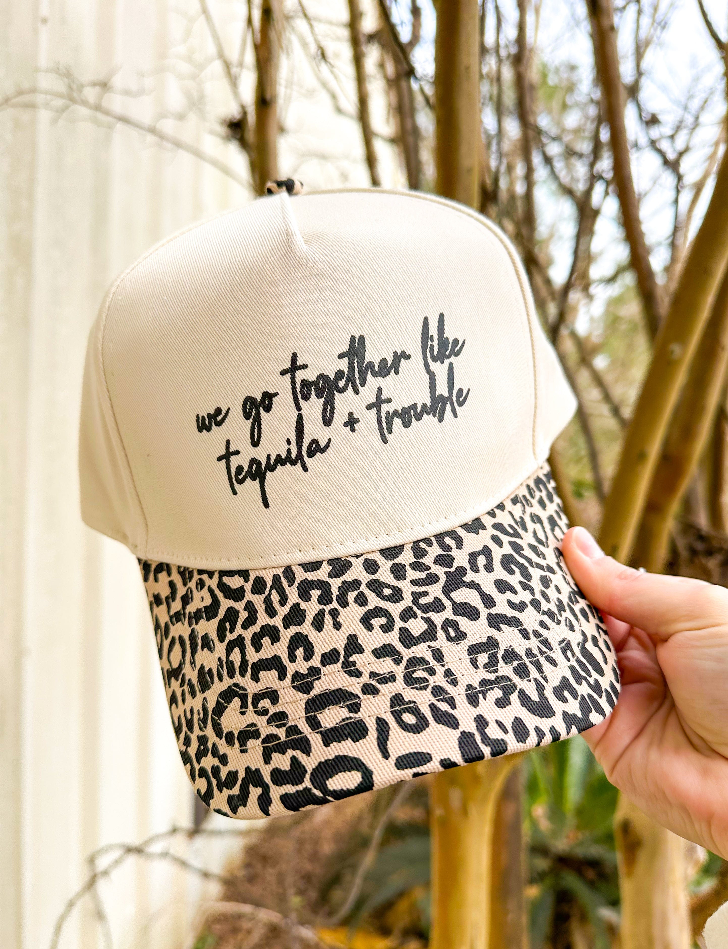 Tequila & Trouble Leopard Canvas Trucker Hat by Southern Bliss Company, Southern lifestyle apparel detail photo 2