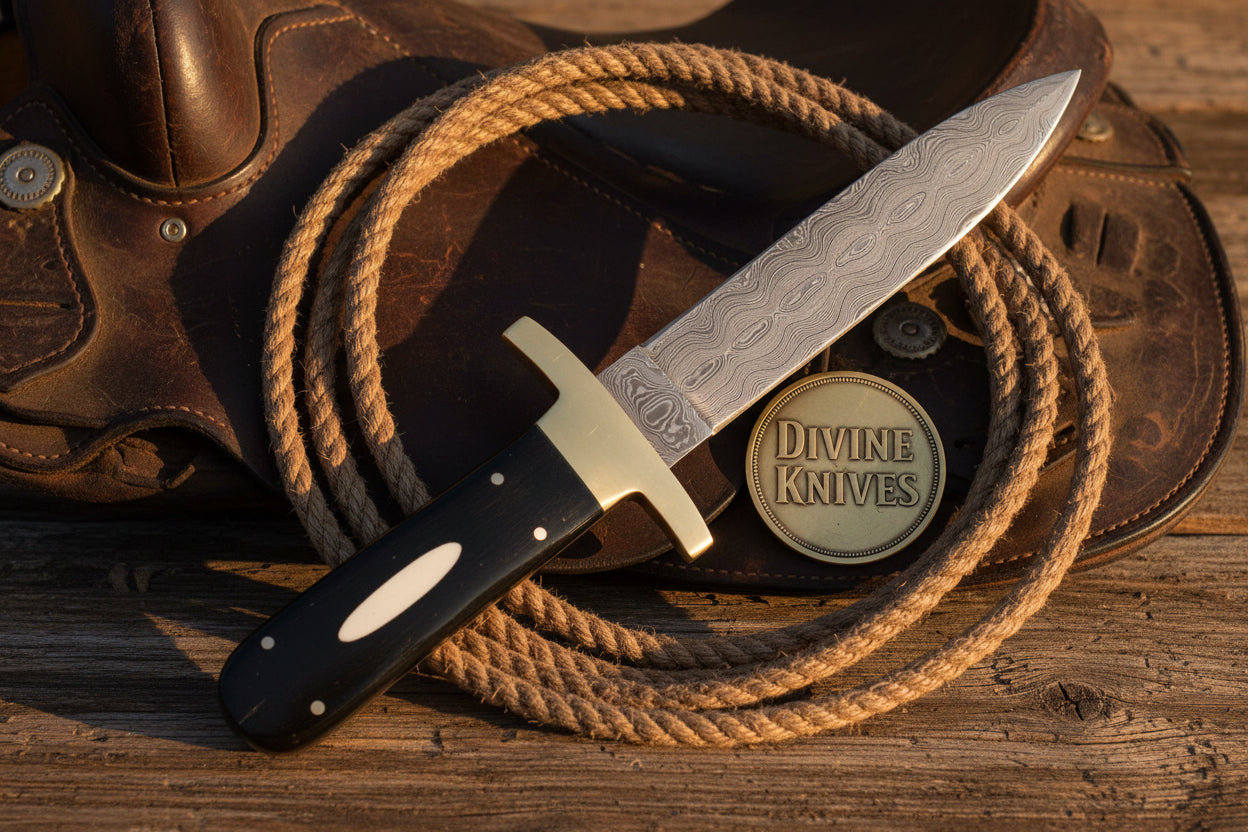 Bone Accent Damascus Bowie Knife with Brass Guard by Divine Knives