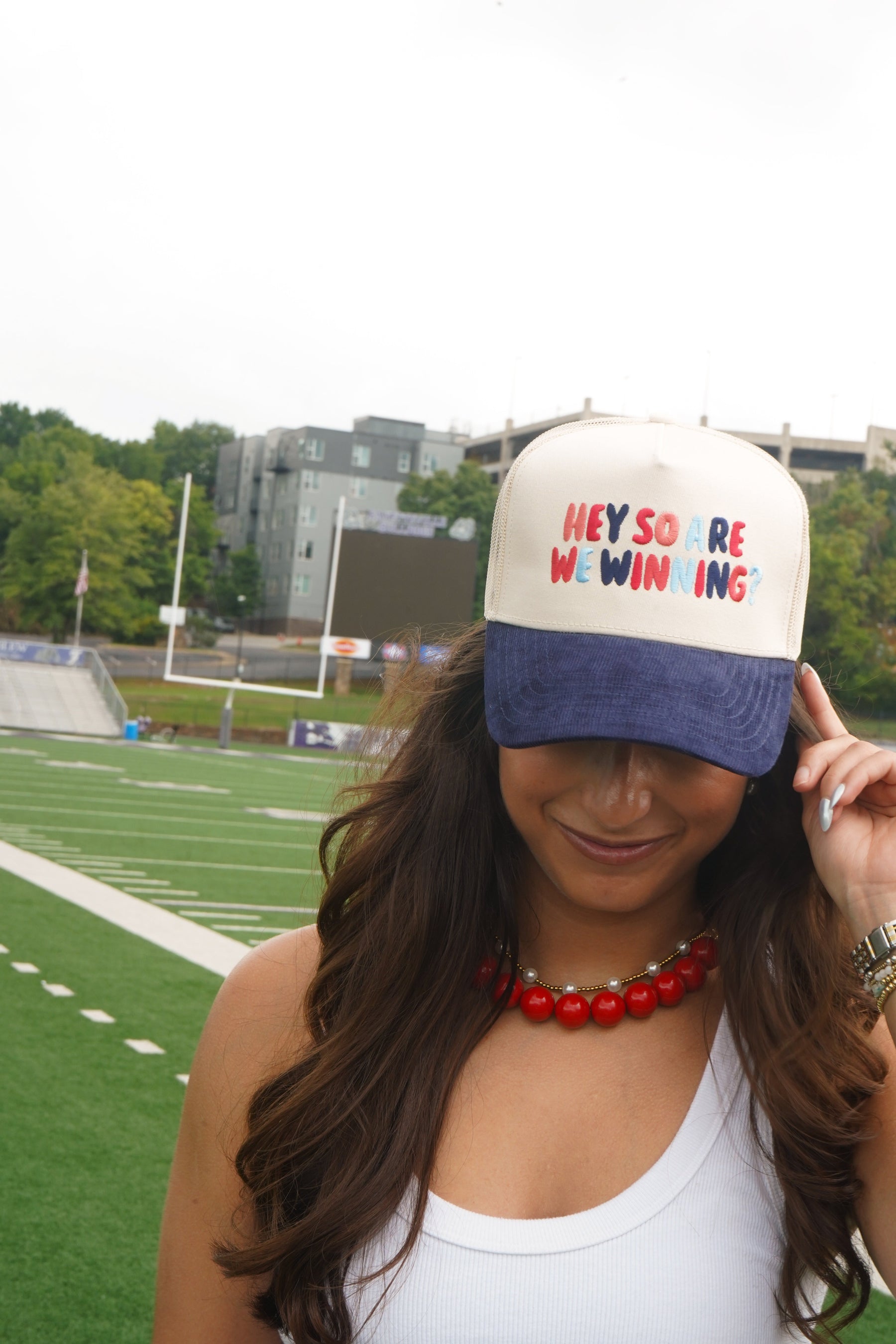 Hey So Are We Winning - Navy Corduroy Trucker Hat by KenzKustomz — product view 5