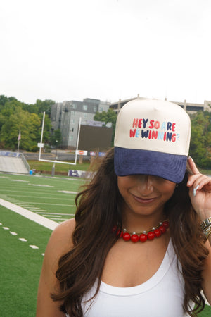 Hey So Are We Winning - Navy Corduroy Trucker Hat by KenzKustomz — product view 5