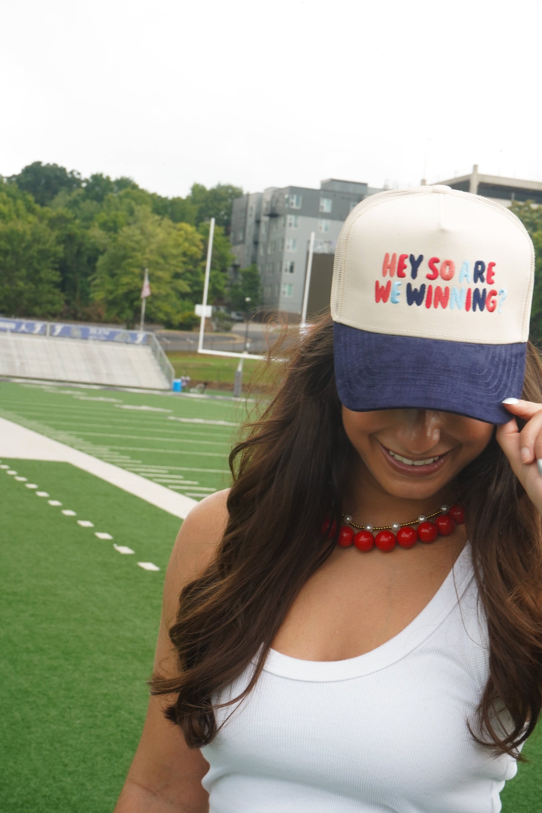 Hey So Are We Winning - Navy Corduroy Trucker Hat by KenzKustomz — product view 6