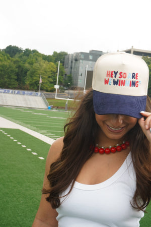 Hey So Are We Winning - Navy Corduroy Trucker Hat by KenzKustomz — product view 6