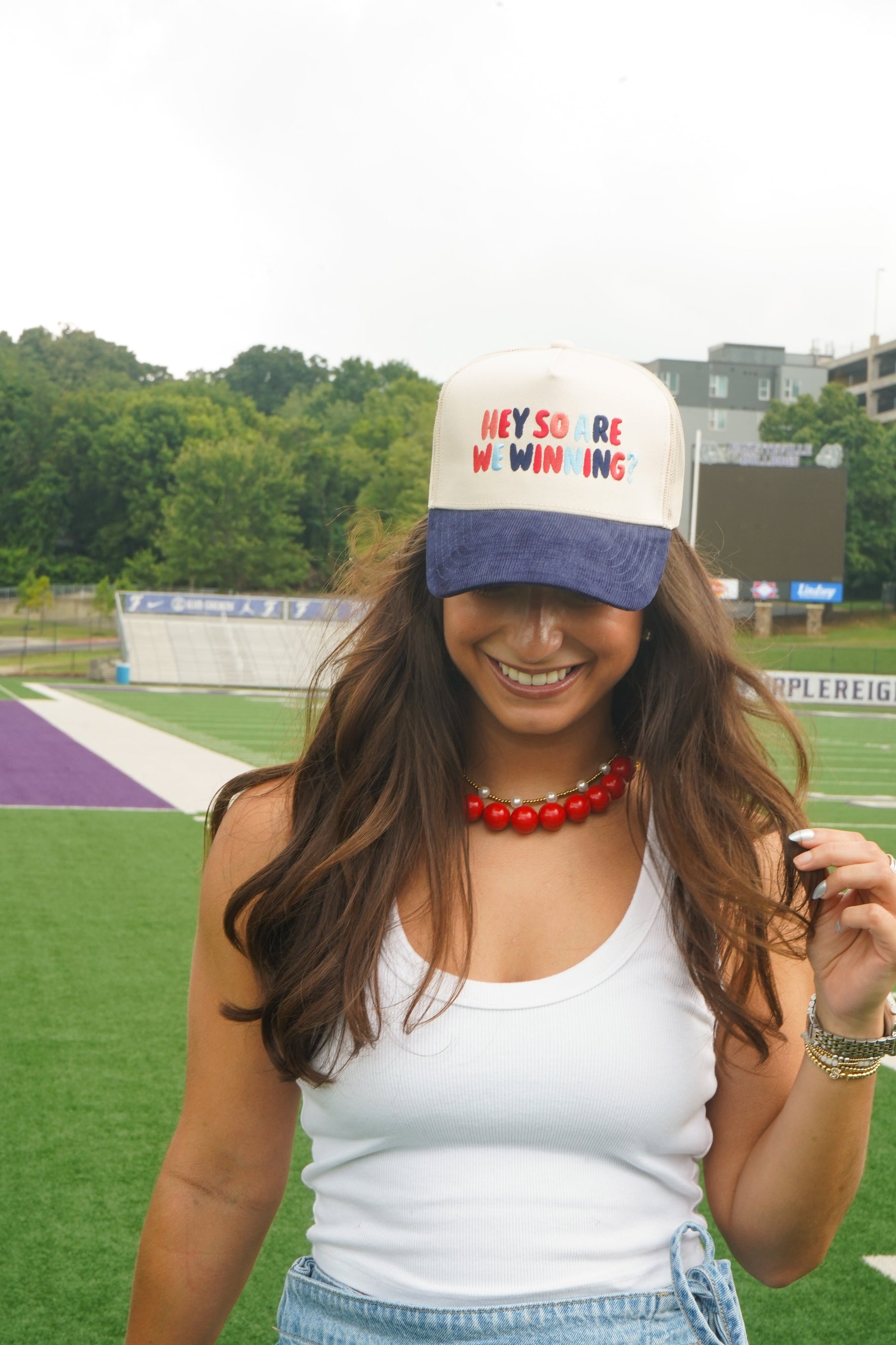Hey So Are We Winning - Navy Corduroy Trucker Hat by KenzKustomz — product view 2