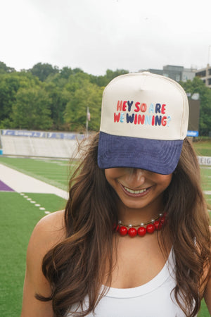 Hey So Are We Winning - Navy Corduroy Trucker Hat by KenzKustomz — product view 1