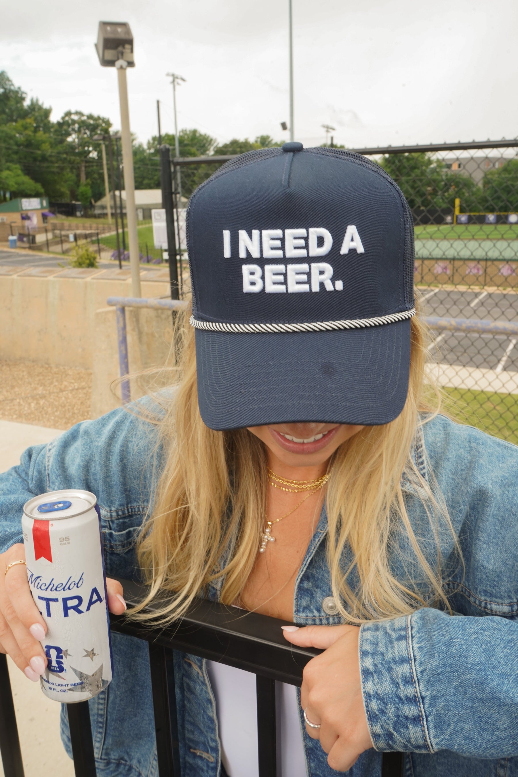 I Need A Beer - Navy Trucker Hat by KenzKustomz — product view 1