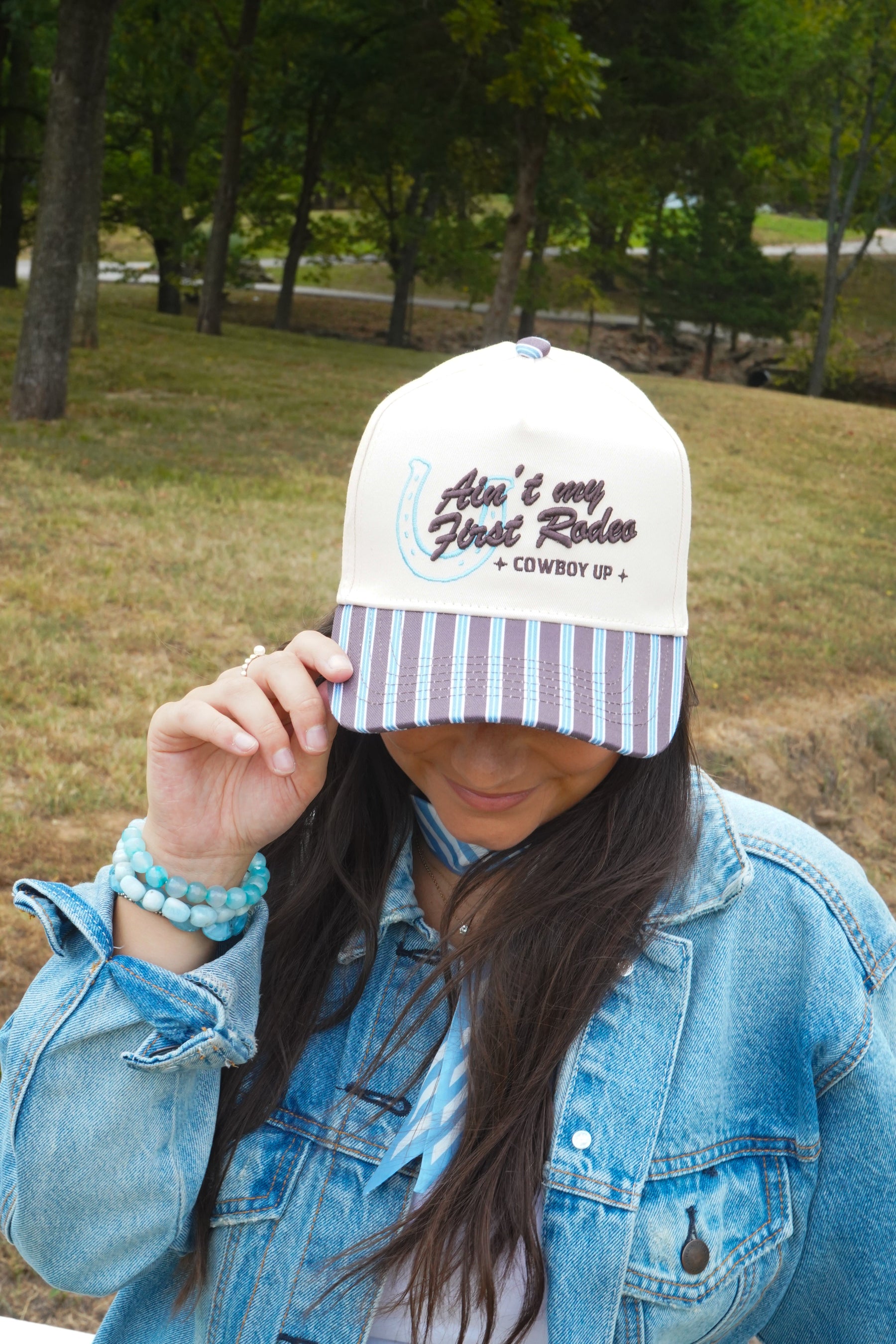 Ain't My First Rodeo - Chocolate Stripes Trucker Hat by KenzKustomz — product view 6
