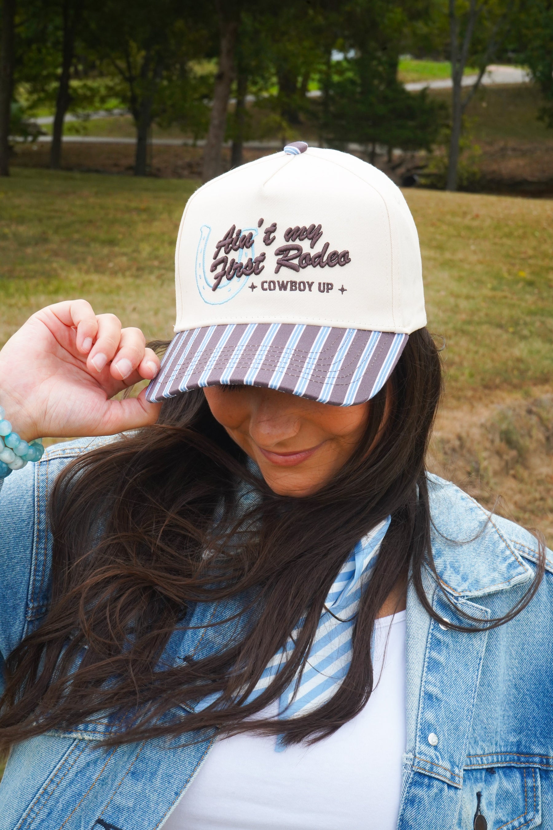 Ain't My First Rodeo - Chocolate Stripes Trucker Hat by KenzKustomz — product view 5