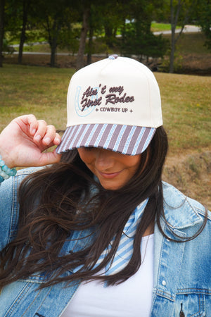 Ain't My First Rodeo - Chocolate Stripes Trucker Hat by KenzKustomz — product view 4