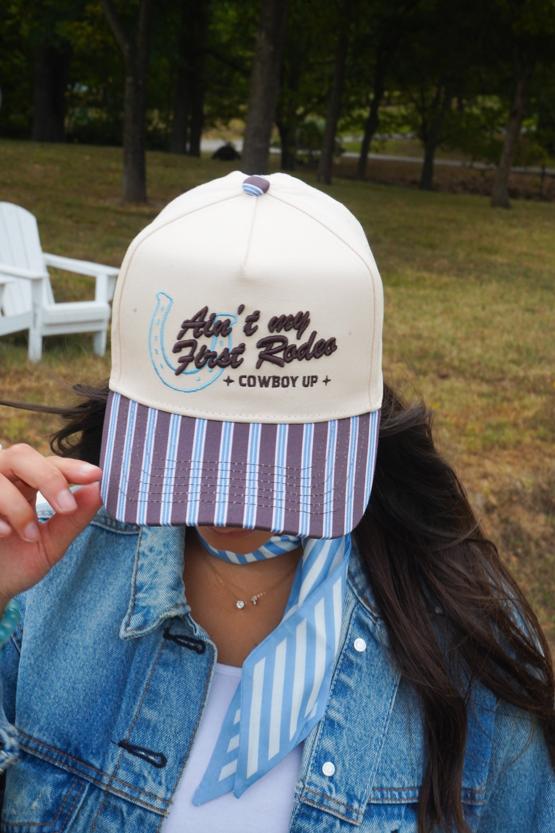 Ain't My First Rodeo - Chocolate Stripes Trucker Hat by KenzKustomz — product view 2