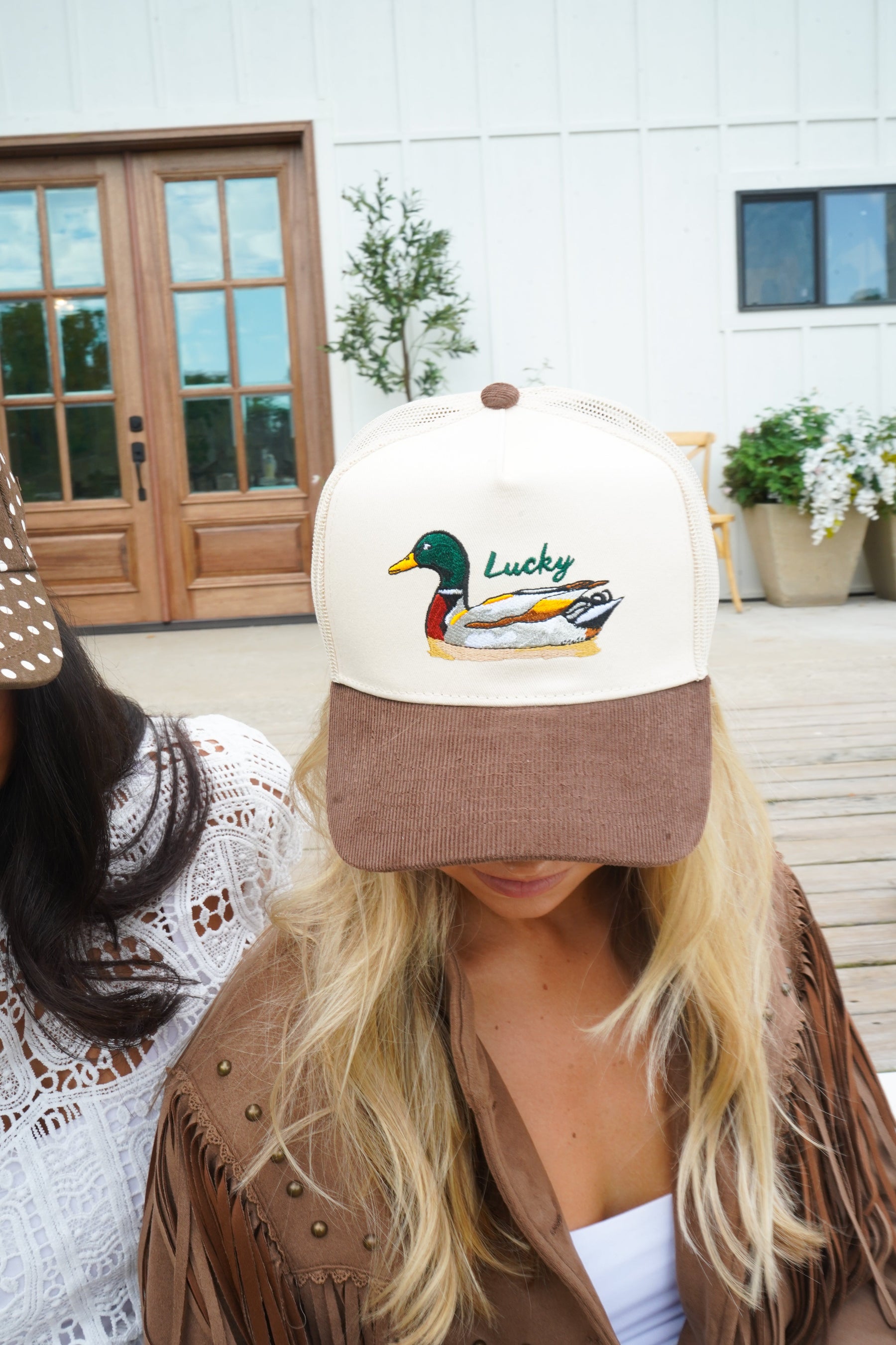 Lucky Duck - Brown Corduroy Trucker Hat by KenzKustomz — product view 30