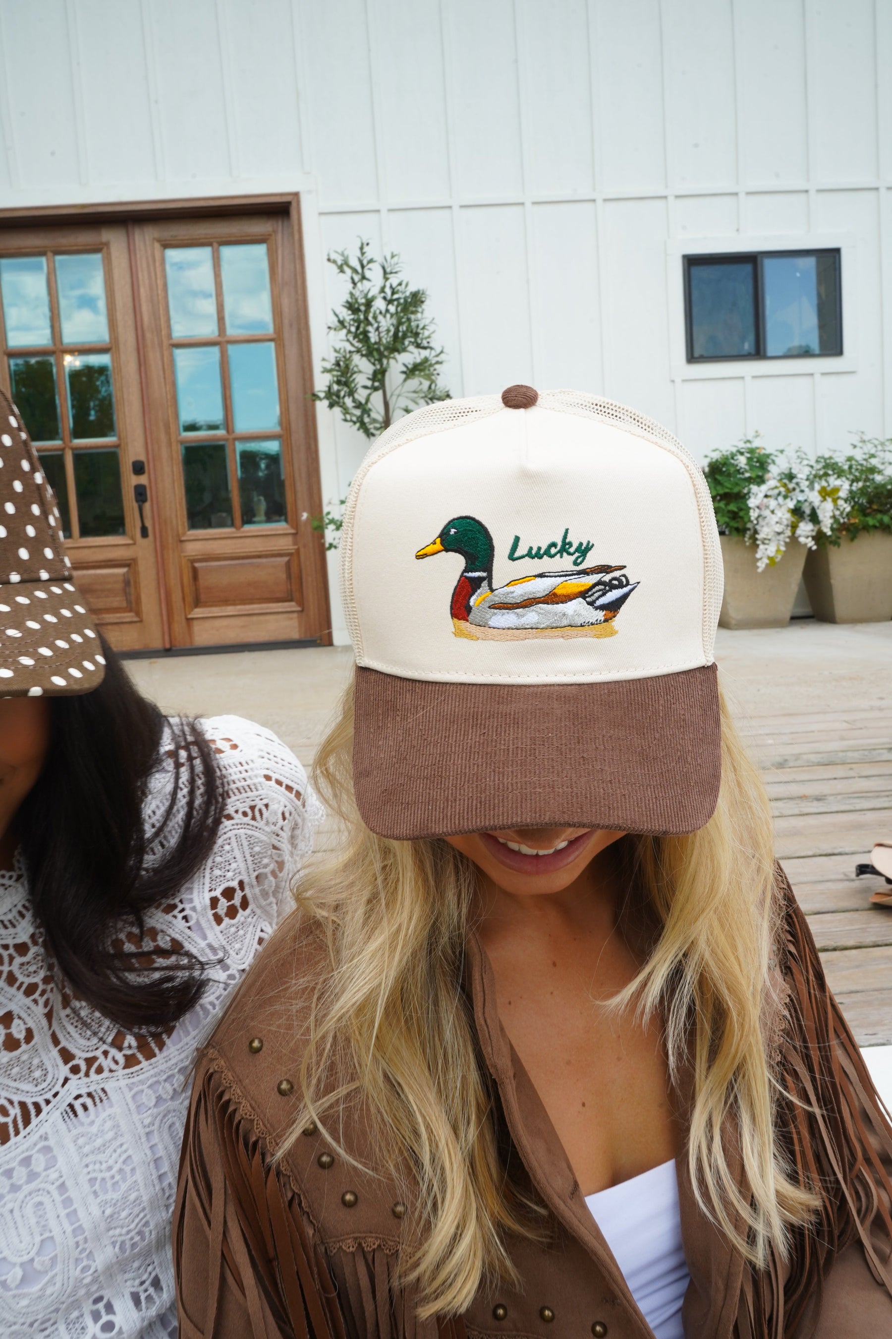 Lucky Duck - Brown Corduroy Trucker Hat by KenzKustomz — product view 29