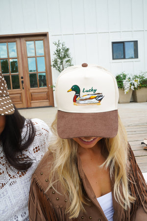 Lucky Duck - Brown Corduroy Trucker Hat by KenzKustomz — product view 28