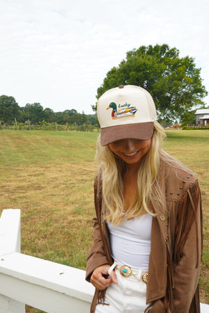 Lucky Duck - Brown Corduroy Trucker Hat by KenzKustomz — product view 26