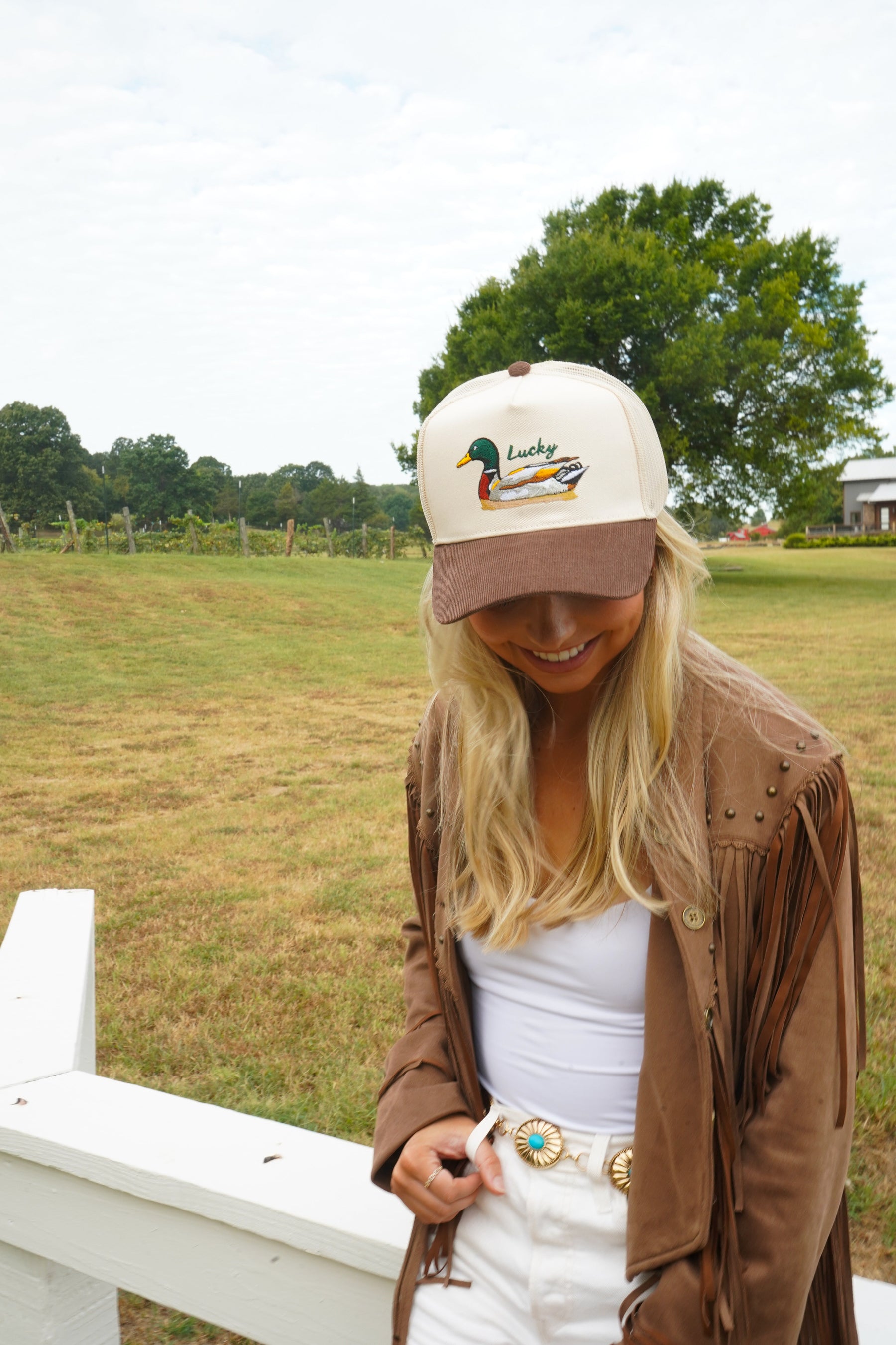 Lucky Duck - Brown Corduroy Trucker Hat by KenzKustomz — product view 25