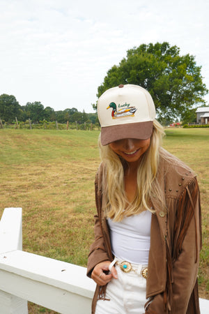 Lucky Duck - Brown Corduroy Trucker Hat by KenzKustomz — product view 25