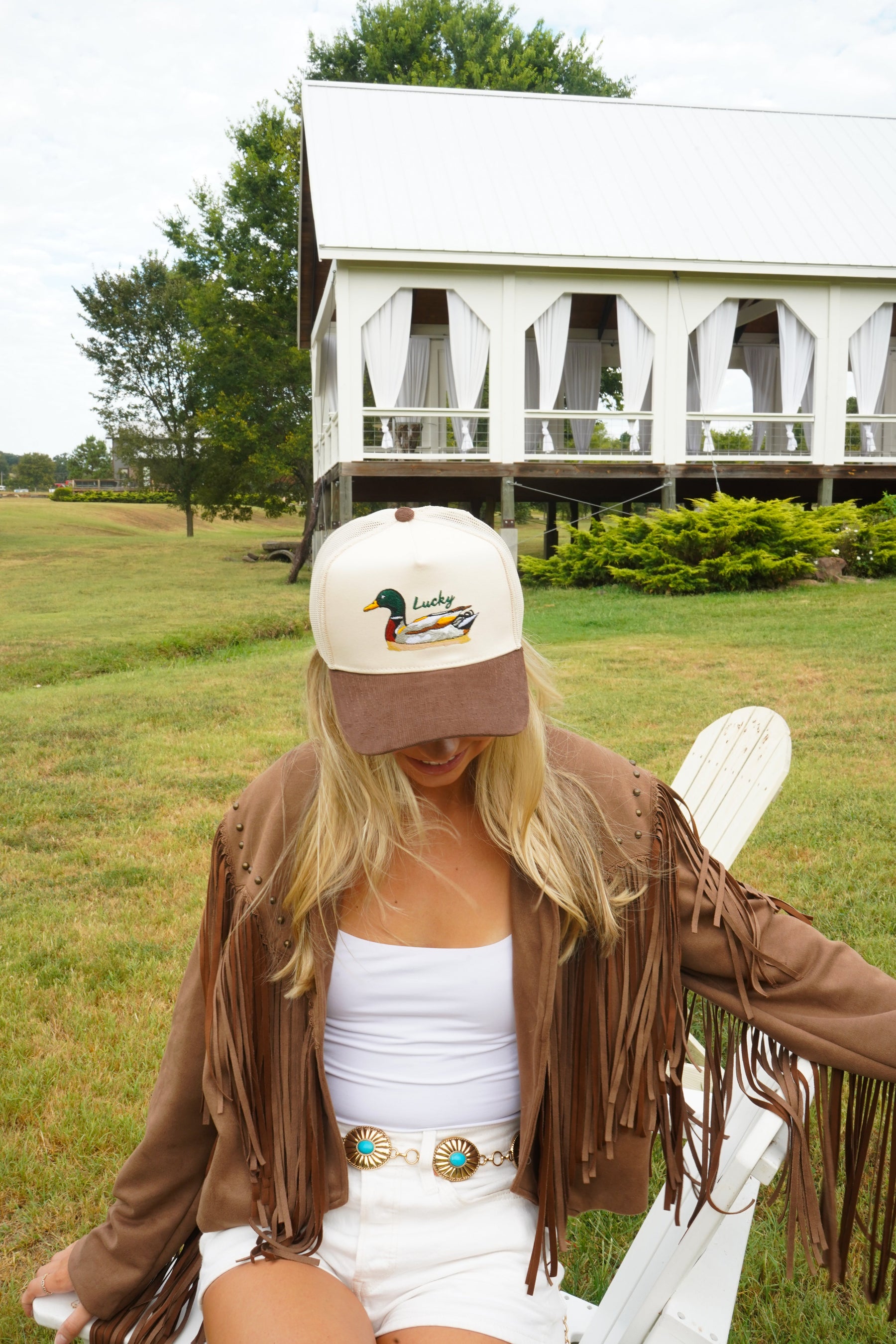 Lucky Duck - Brown Corduroy Trucker Hat by KenzKustomz — product view 23