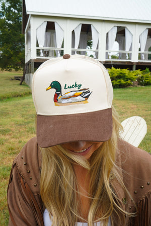 Lucky Duck - Brown Corduroy Trucker Hat by KenzKustomz — product view 22