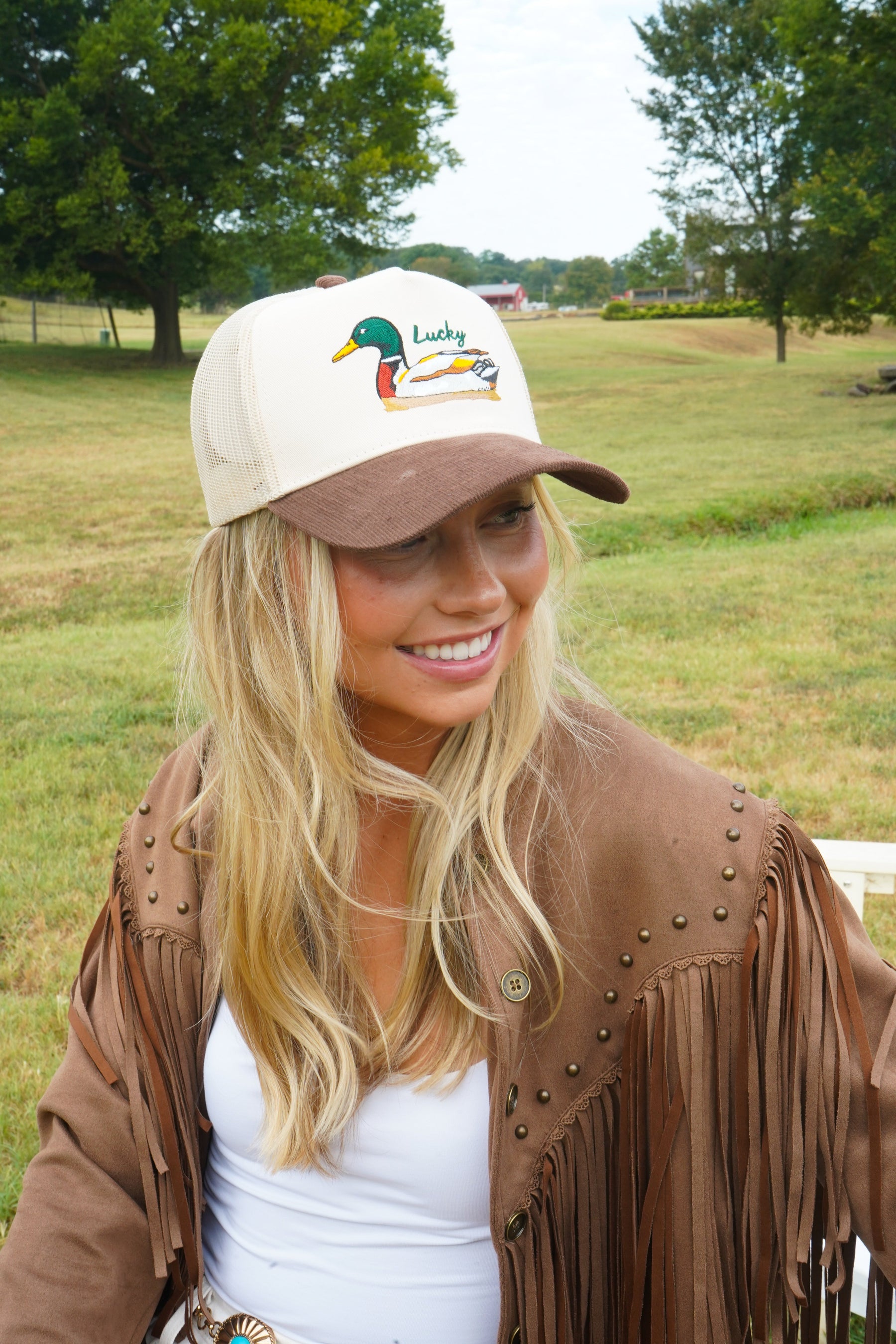 Lucky Duck - Brown Corduroy Trucker Hat by KenzKustomz — product view 21