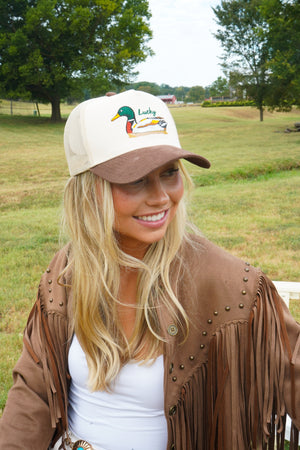 Lucky Duck - Brown Corduroy Trucker Hat by KenzKustomz — product view 21