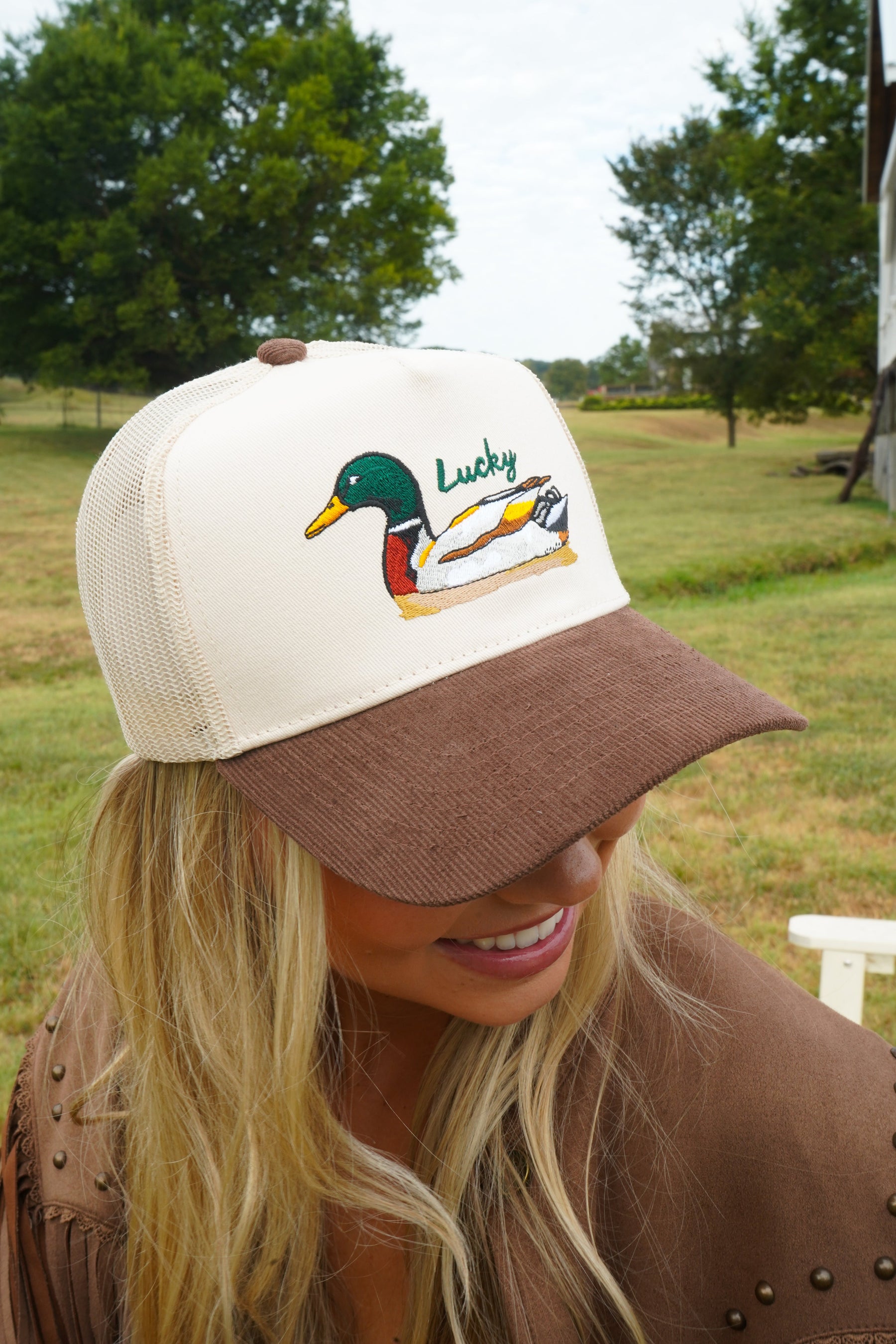 Lucky Duck - Brown Corduroy Trucker Hat by KenzKustomz — product view 20