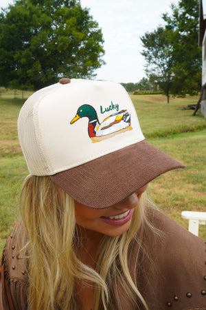Lucky Duck - Brown Corduroy Trucker Hat by KenzKustomz — product view 20