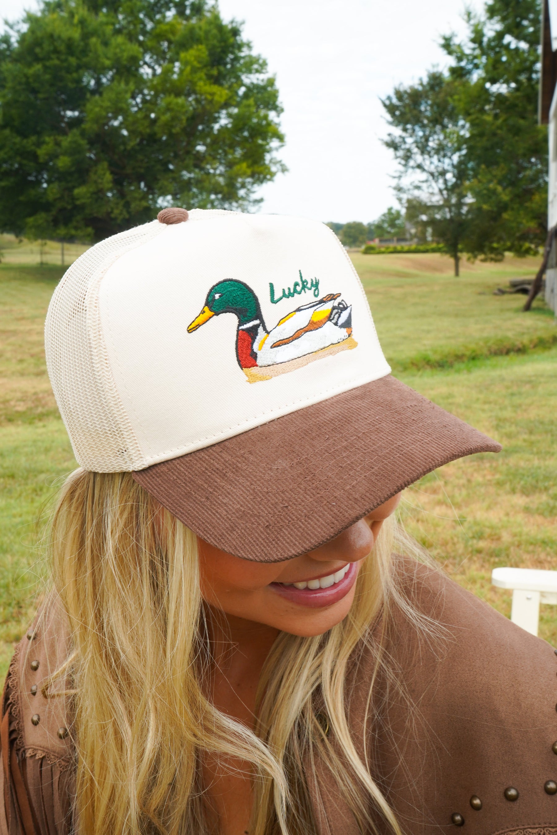Lucky Duck - Brown Corduroy Trucker Hat by KenzKustomz — product view 19
