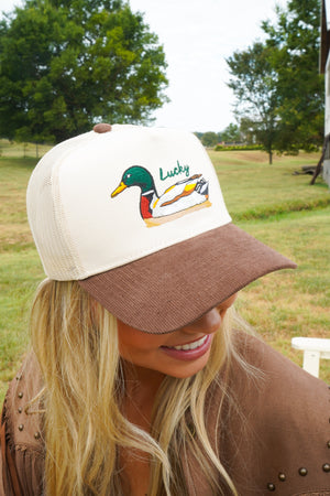 Lucky Duck - Brown Corduroy Trucker Hat by KenzKustomz — product view 19