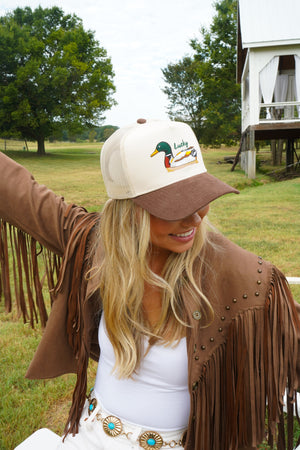 Lucky Duck - Brown Corduroy Trucker Hat by KenzKustomz — product view 18