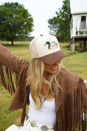 Lucky Duck - Brown Corduroy Trucker Hat by KenzKustomz — product view 17