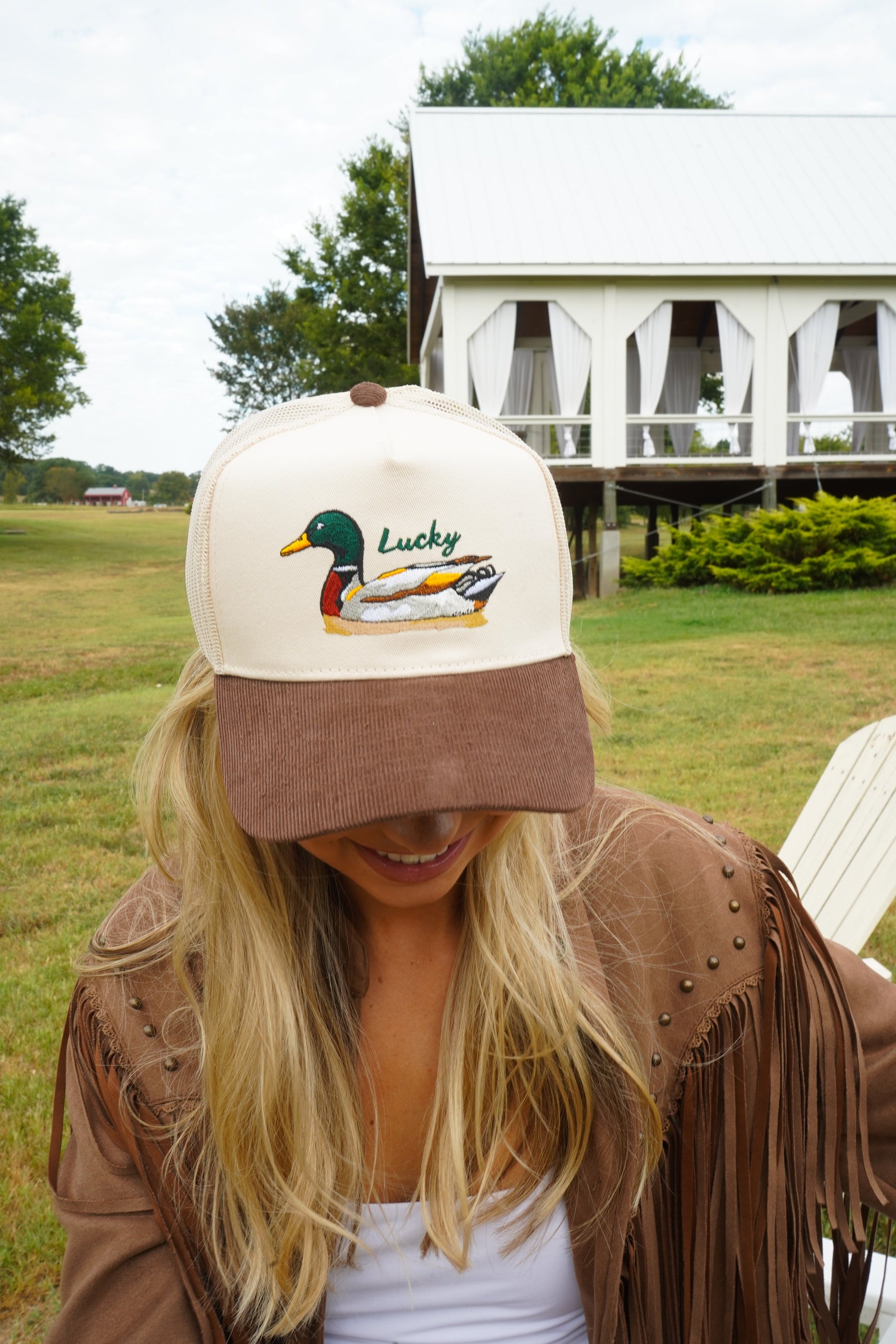 Lucky Duck - Brown Corduroy Trucker Hat by KenzKustomz — product view 16