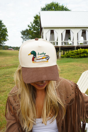 Lucky Duck - Brown Corduroy Trucker Hat by KenzKustomz — product view 15