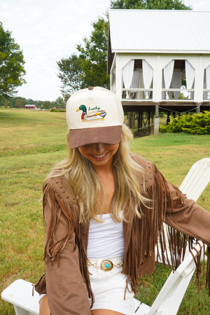 Lucky Duck - Brown Corduroy Trucker Hat by KenzKustomz — product view 11