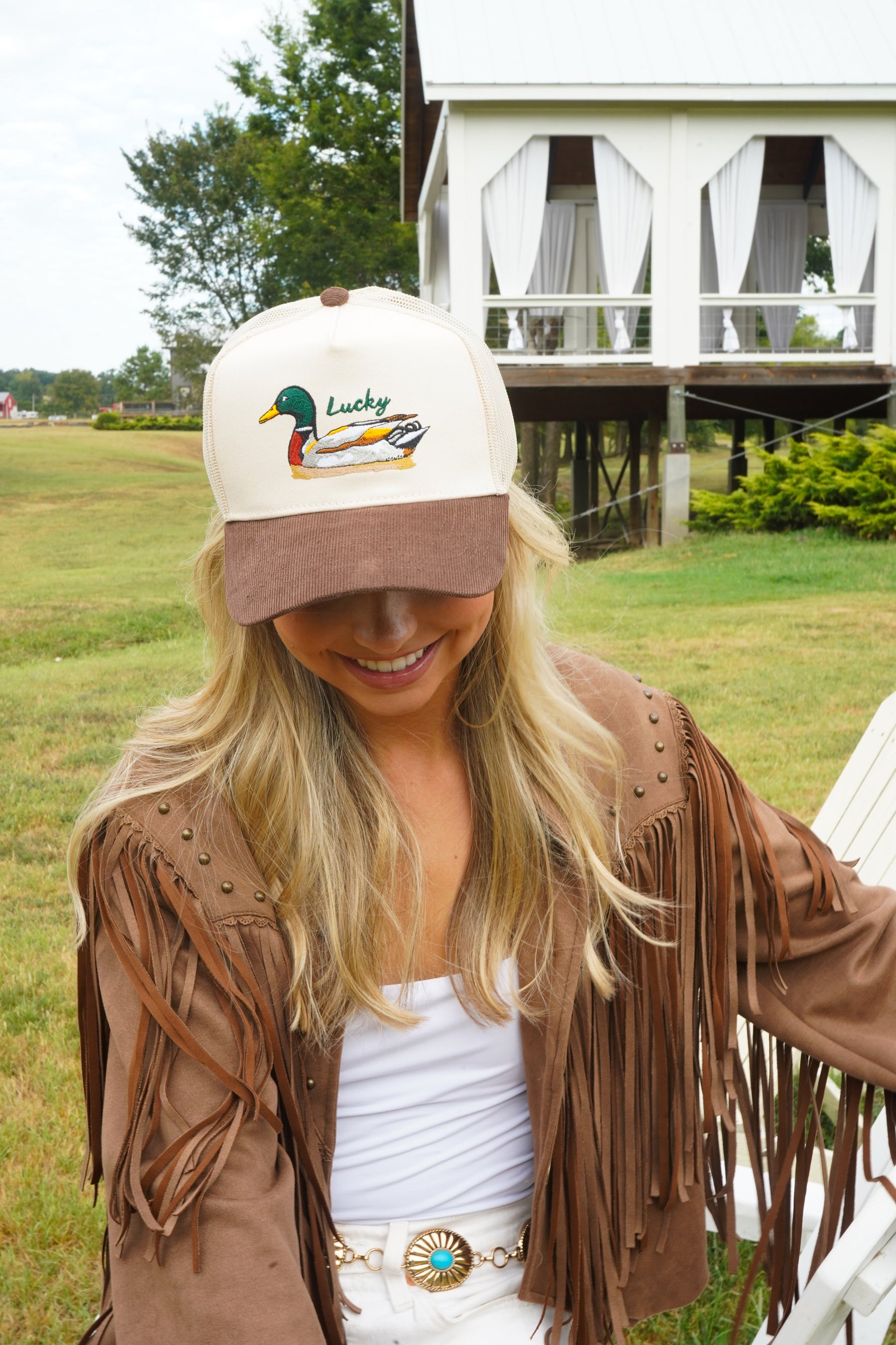 Lucky Duck - Brown Corduroy Trucker Hat by KenzKustomz — product view 10