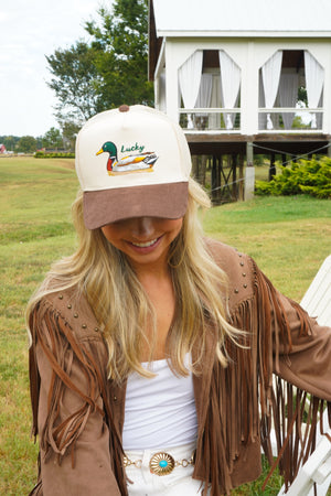 Lucky Duck - Brown Corduroy Trucker Hat by KenzKustomz — product view 9
