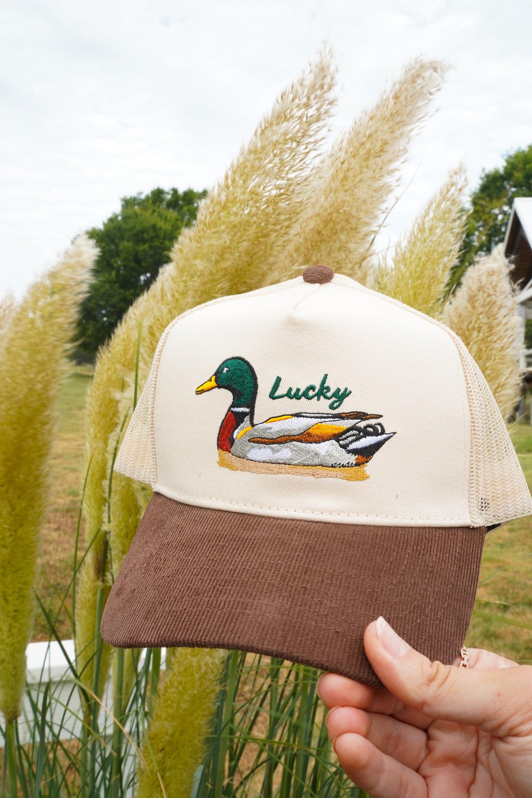 Lucky Duck - Brown Corduroy Trucker Hat by KenzKustomz — product view 8